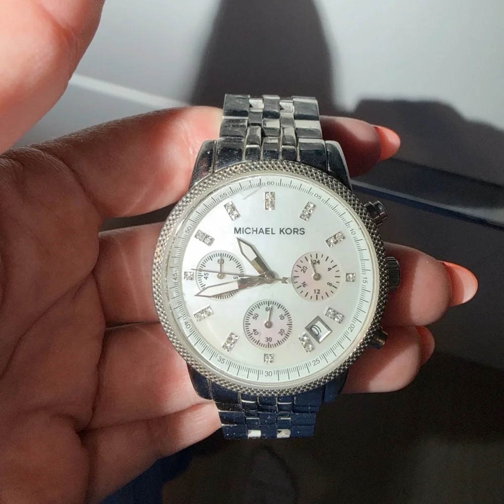 Michael Kors Silver and White Men's Chronograph Bracelet Watch